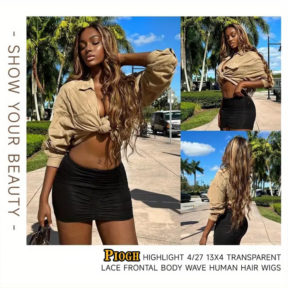 Highlight Ombre Lace Front Wig Human Hair Pre Plucked Body Wave 4/27 Colored Honey Blonde Wigs 13X4 HD Lace Frontal Wigs Human Hair 180 Density Glueless Wigs Human Hair for Women 20 Inch