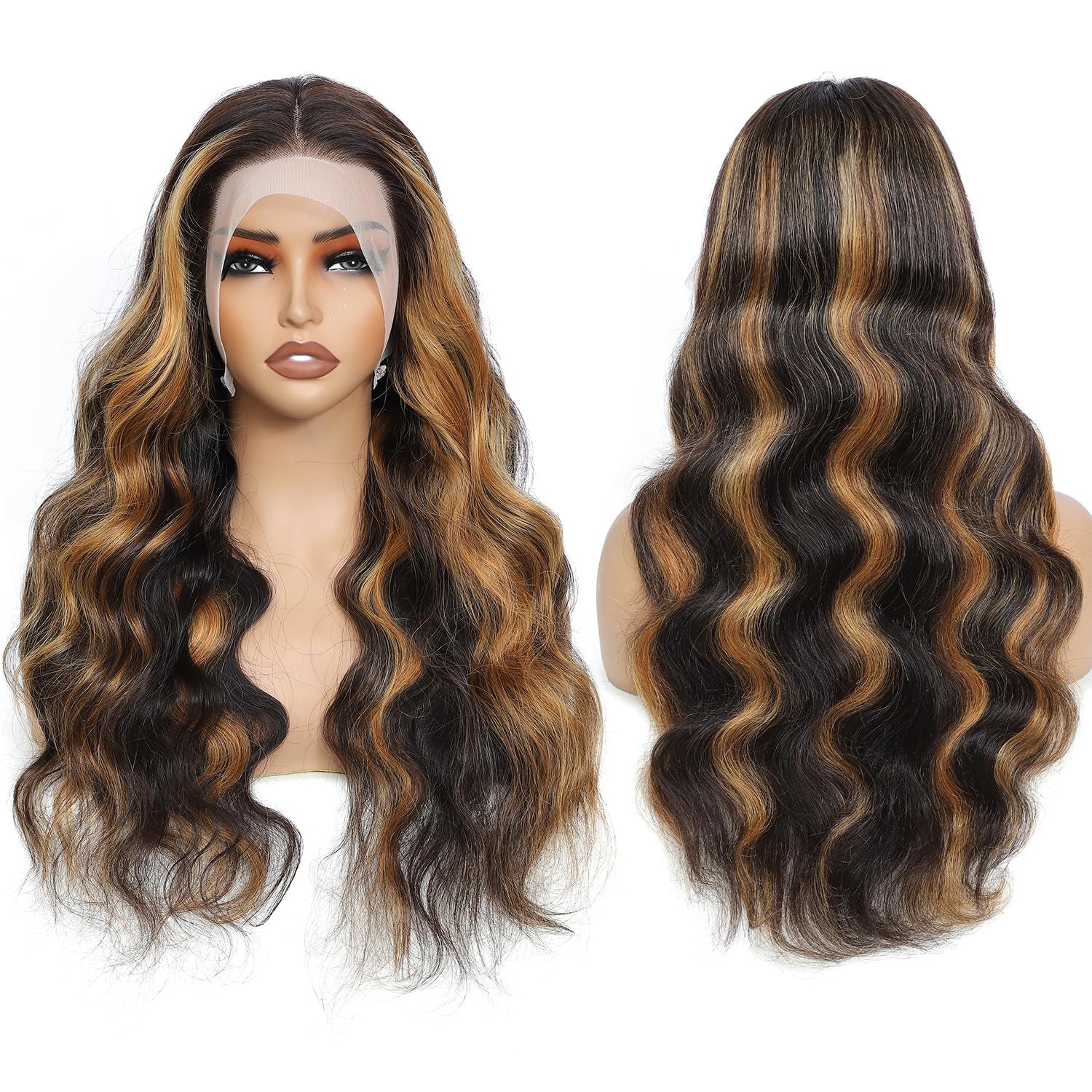 Ombre Highlight Lace Front Wigs Human Hair Colored 1B/30 Black Brown Body Wave Wigs Human Hair 13X4 HD Transparent Lace Human Hair Wig for Women 180% Density 28Inch