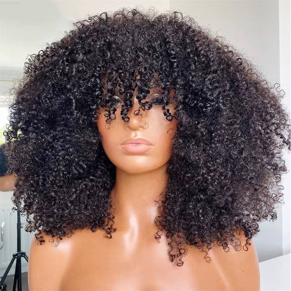 Mongolian Afro Kinky Curly Human Hair Wigs with Bangs Short Brazilian Remy Human Hair Machine Made Wigs for Women Glueless