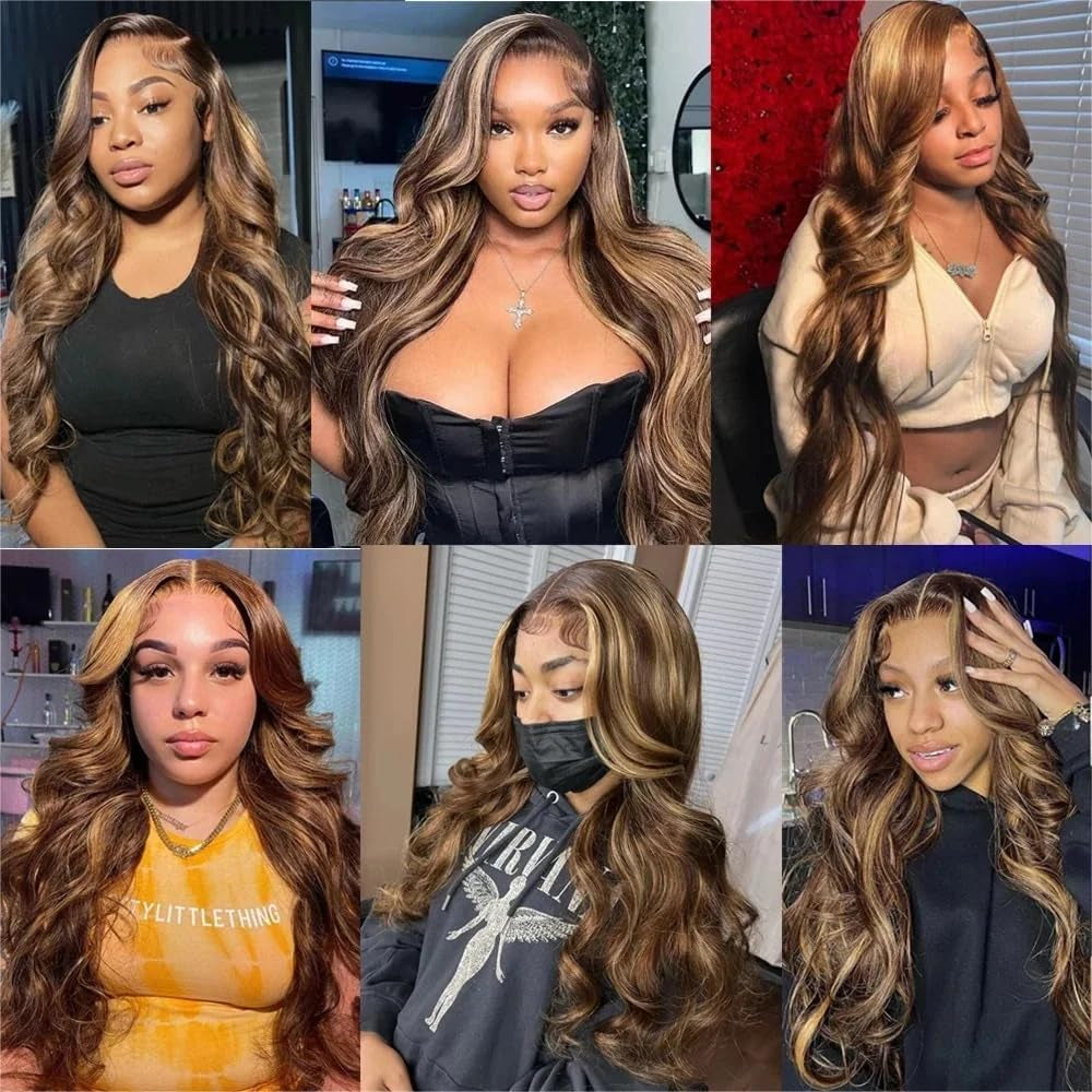 Highlight Ombre Lace Front Wig Human Hair Pre Plucked Body Wave 4/27 Colored Honey Blonde Wigs 13X4 HD Lace Frontal Wigs Human Hair 180 Density Glueless Wigs Human Hair for Women 20 Inch