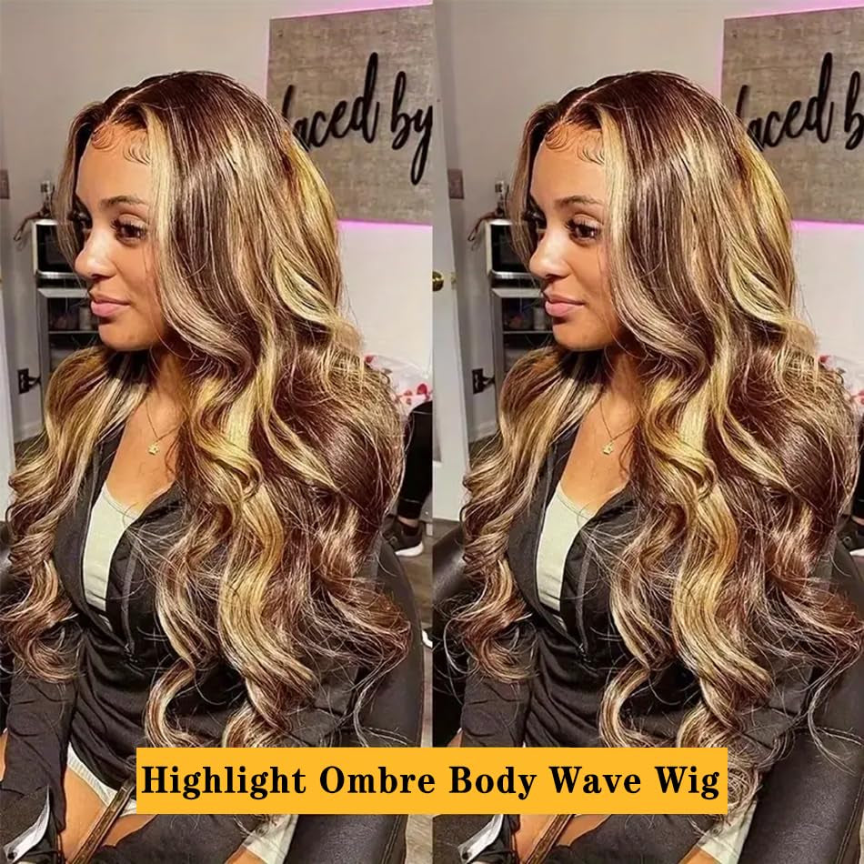 Highlight Ombre Lace Front Wig Human Hair Pre Plucked Body Wave 4/27 Colored Honey Blonde Wigs 13X4 HD Lace Frontal Wigs Human Hair 180 Density Glueless Wigs Human Hair for Women 20 Inch