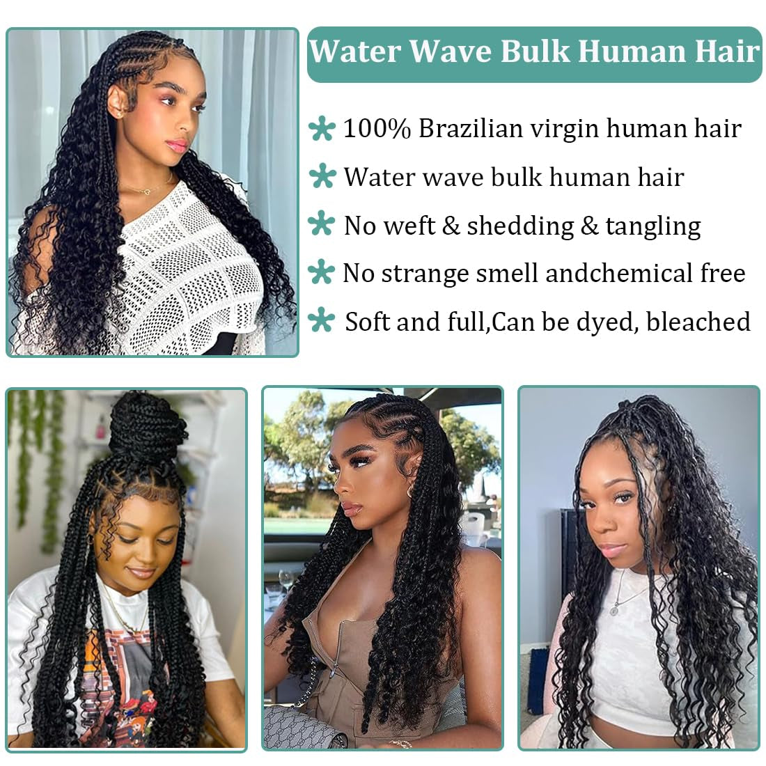 Water Wave Bulk Human Hair for Braiding No Weft Unprocessed Brazilian Virgin Human Hair Extensions Wet and Wavy Micro Braiding Hair Human Hair Bundles for Boho Braids Natural Color(24Inch 2Pack/100G)