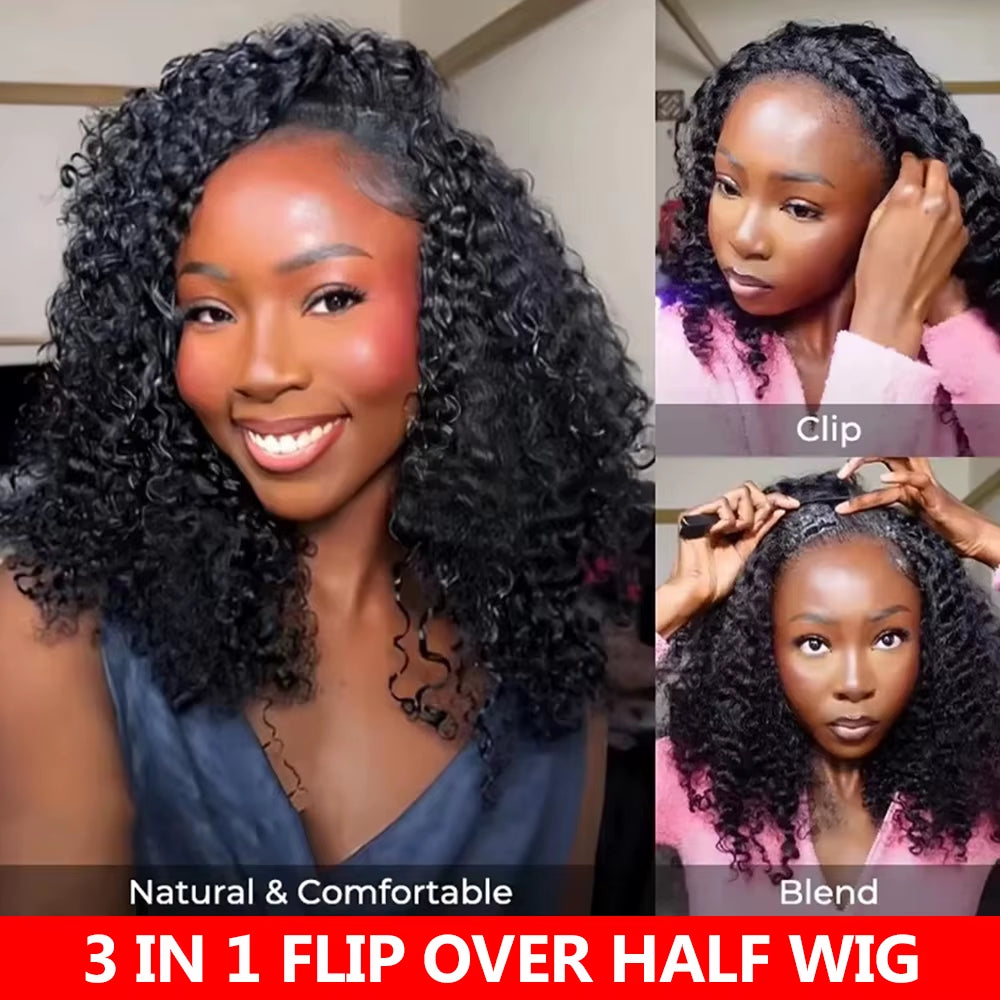 Half Wig Human Hair Flip over 3 in 1 Afro Kinky Curly V Part Wig Pre Cut HD Lace Glueless Wigs Human Hair for Women 250% Density