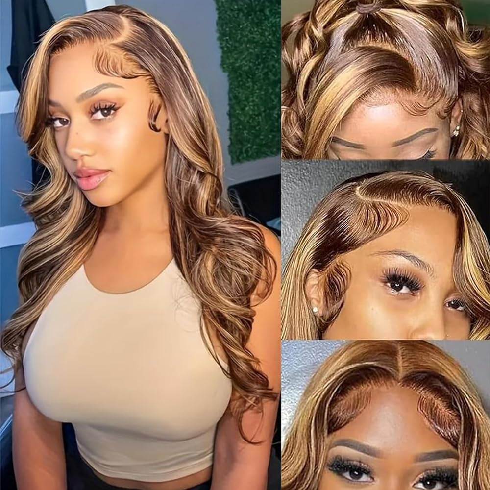 Highlight Ombre Lace Front Wig Human Hair Pre Plucked Body Wave 4/27 Colored Honey Blonde Wigs 13X4 HD Lace Frontal Wigs Human Hair 180 Density Glueless Wigs Human Hair for Women 20 Inch