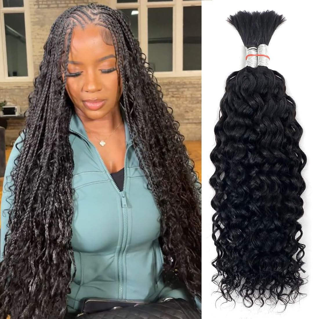 Water Wave Bulk Human Hair for Braiding No Weft Unprocessed Brazilian Virgin Human Hair Extensions Wet and Wavy Micro Braiding Hair Human Hair Bundles for Boho Braids Natural Color(24Inch 2Pack/100G)