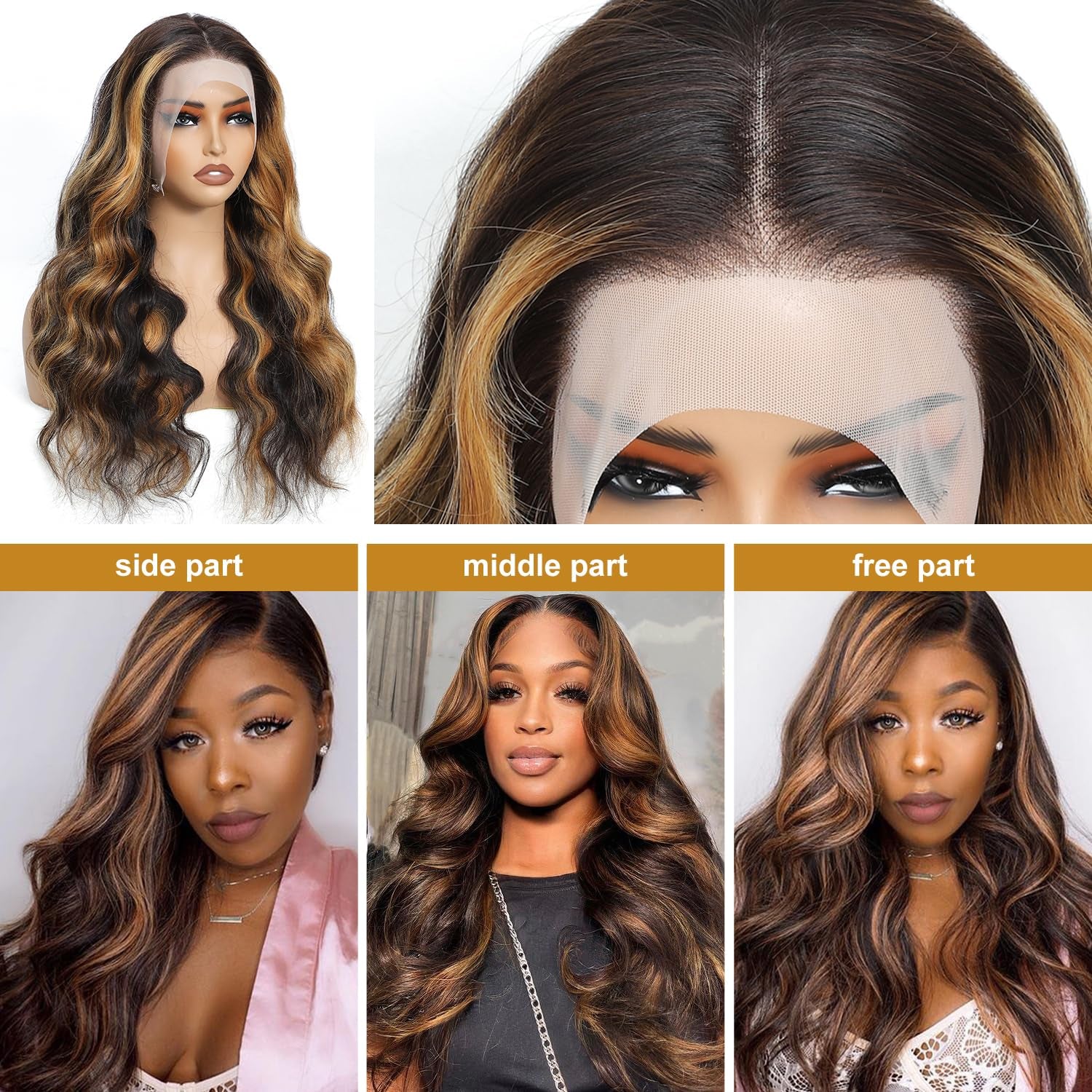 Ombre Highlight Lace Front Wigs Human Hair Colored 1B/30 Black Brown Body Wave Wigs Human Hair 13X4 HD Transparent Lace Human Hair Wig for Women 180% Density 28Inch