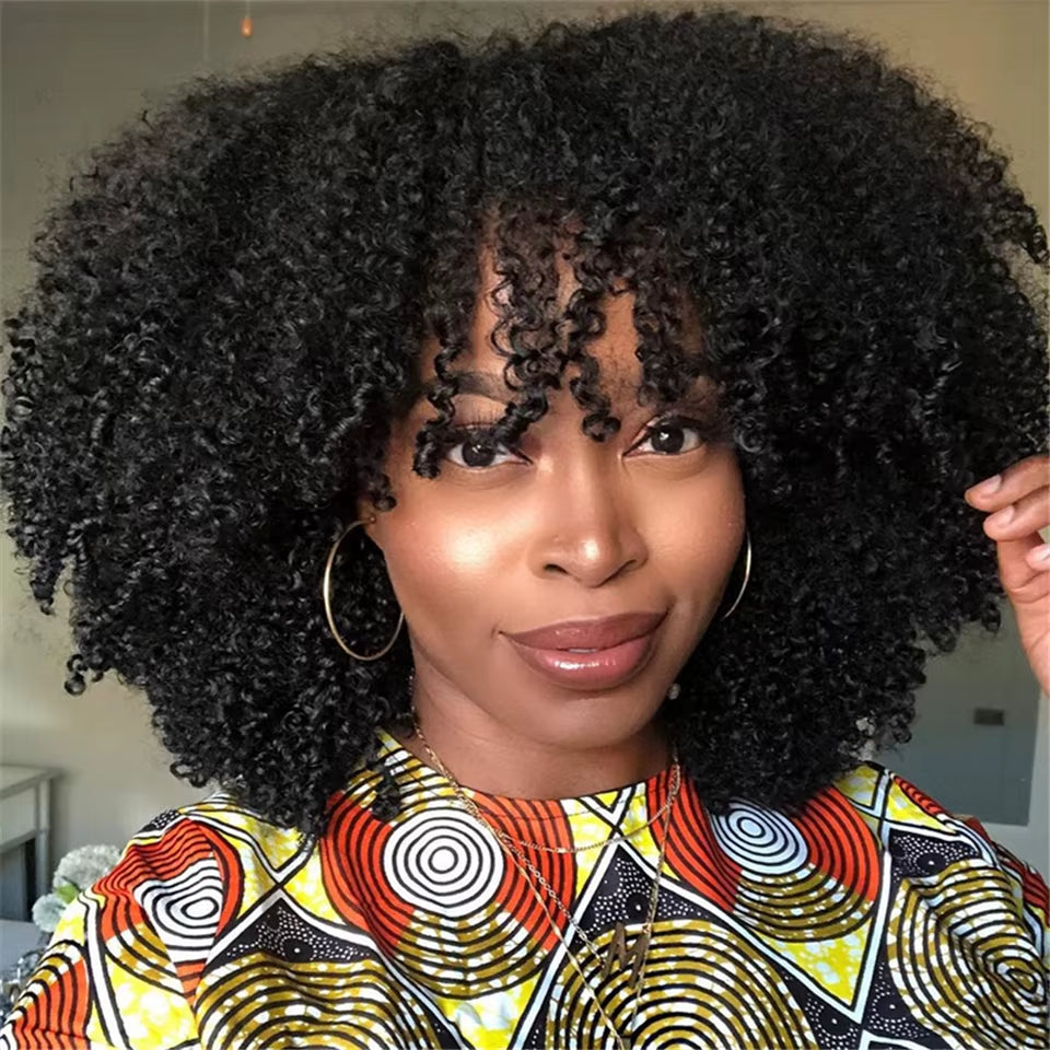 Mongolian Afro Kinky Curly Human Hair Wigs with Bangs Short Brazilian Remy Human Hair Machine Made Wigs for Women Glueless