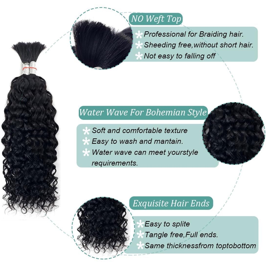 Water Wave Bulk Human Hair for Braiding No Weft Unprocessed Brazilian Virgin Human Hair Extensions Wet and Wavy Micro Braiding Hair Human Hair Bundles for Boho Braids Natural Color(24Inch 2Pack/100G)