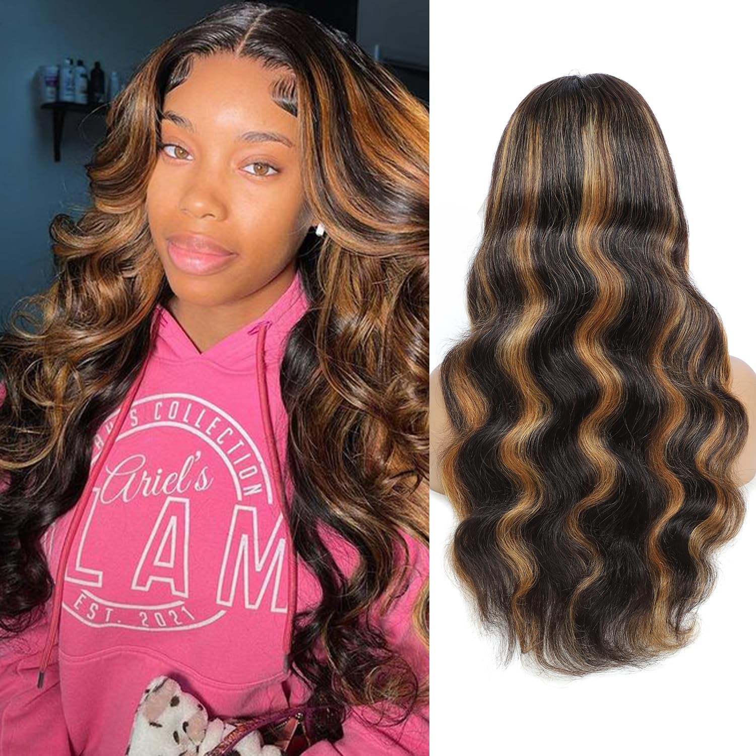 Ombre Highlight Lace Front Wigs Human Hair Colored 1B/30 Black Brown Body Wave Wigs Human Hair 13X4 HD Transparent Lace Human Hair Wig for Women 180% Density 28Inch