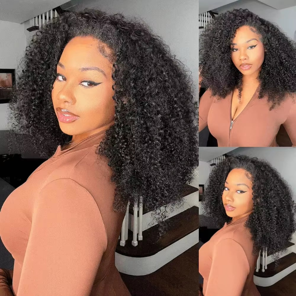 Half Wig Human Hair Flip over 3 in 1 Afro Kinky Curly V Part Wig Pre Cut HD Lace Glueless Wigs Human Hair for Women 250% Density