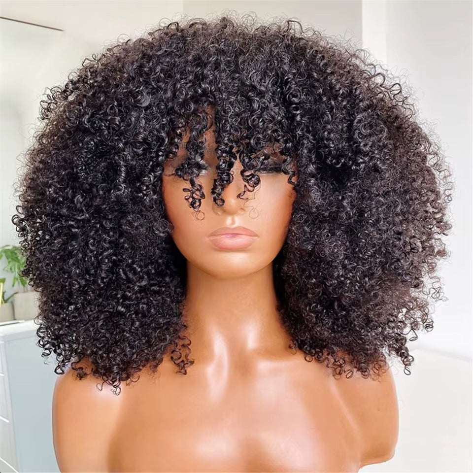 Mongolian Afro Kinky Curly Human Hair Wigs with Bangs Short Brazilian Remy Human Hair Machine Made Wigs for Women Glueless