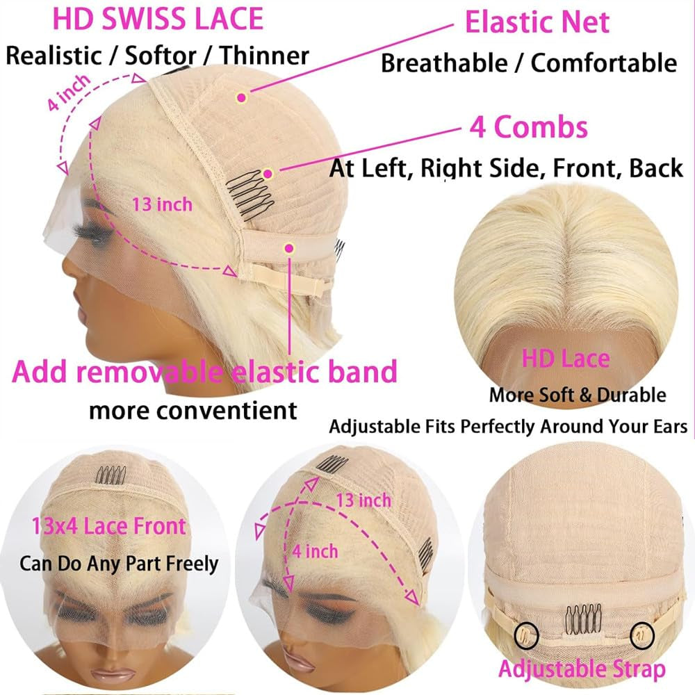 Blonde Bob Wig Human Hair 613 Lace Front Wigs 13X4 HD Lace Frontal Straight Wigs Human Hair Pre Plucked with Baby Hair Short Bob Wigs for Women 180% Density 10 Inch