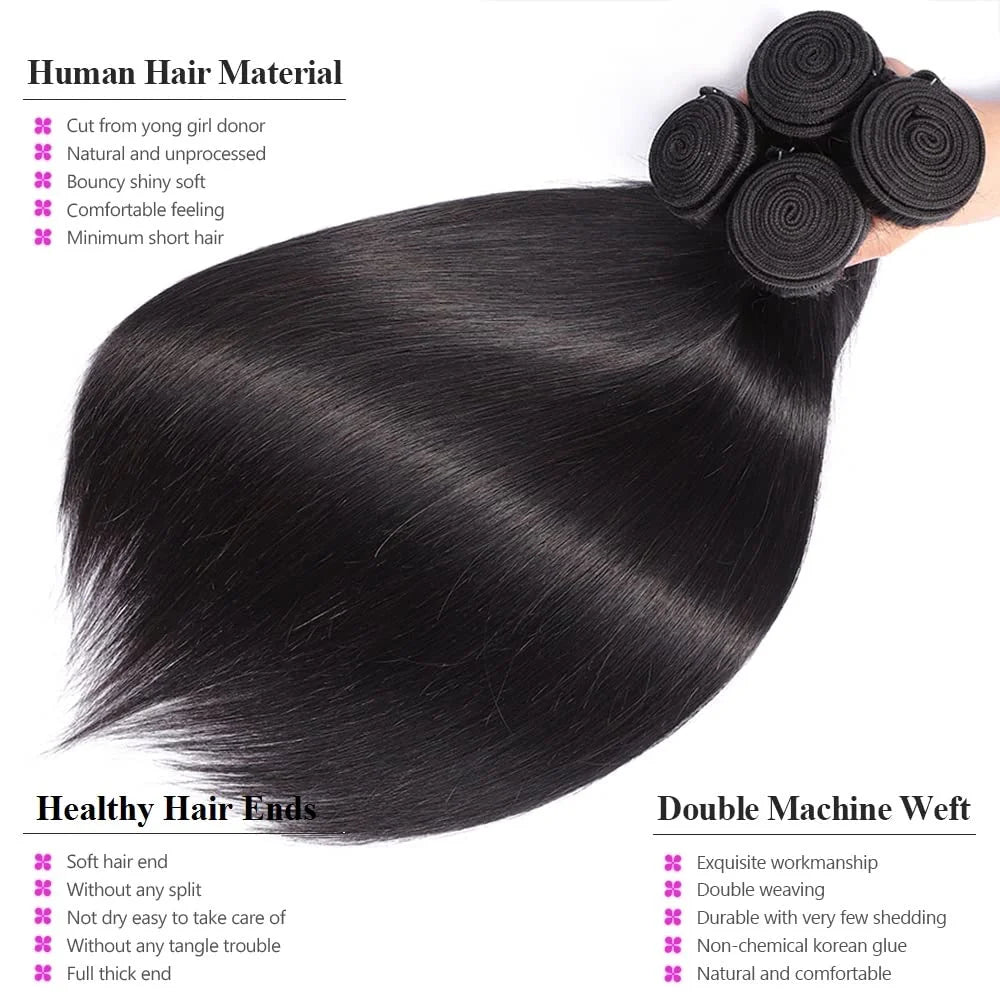 Human Hair Bundles Straight Human Hair Bundles Brazilian Bundles Straight Natural 14 16 18 Inch 3 Bundles Virgin Remy 10A Unprocessed Bundle Human Hair Double Weft Natural Color