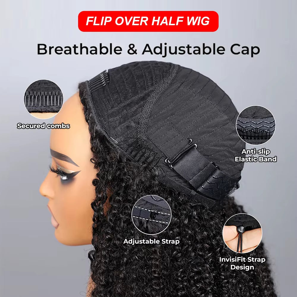 Half Wig Human Hair Flip over 3 in 1 Afro Kinky Curly V Part Wig Pre Cut HD Lace Glueless Wigs Human Hair for Women 250% Density