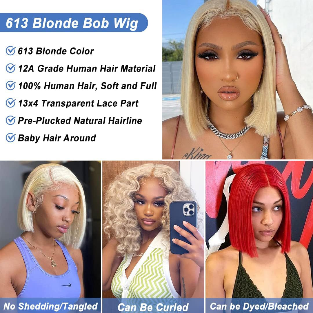 Blonde Bob Wig Human Hair 613 Lace Front Wigs 13X4 HD Lace Frontal Straight Wigs Human Hair Pre Plucked with Baby Hair Short Bob Wigs for Women 180% Density 10 Inch