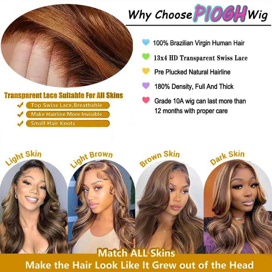 Highlight Ombre Lace Front Wig Human Hair Pre Plucked Body Wave 4/27 Colored Honey Blonde Wigs 13X4 HD Lace Frontal Wigs Human Hair 180 Density Glueless Wigs Human Hair for Women 20 Inch