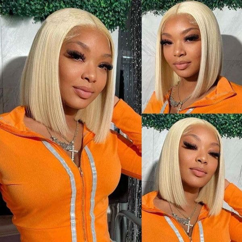Blonde Bob Wig Human Hair 613 Lace Front Wigs 13X4 HD Lace Frontal Straight Wigs Human Hair Pre Plucked with Baby Hair Short Bob Wigs for Women 180% Density 10 Inch