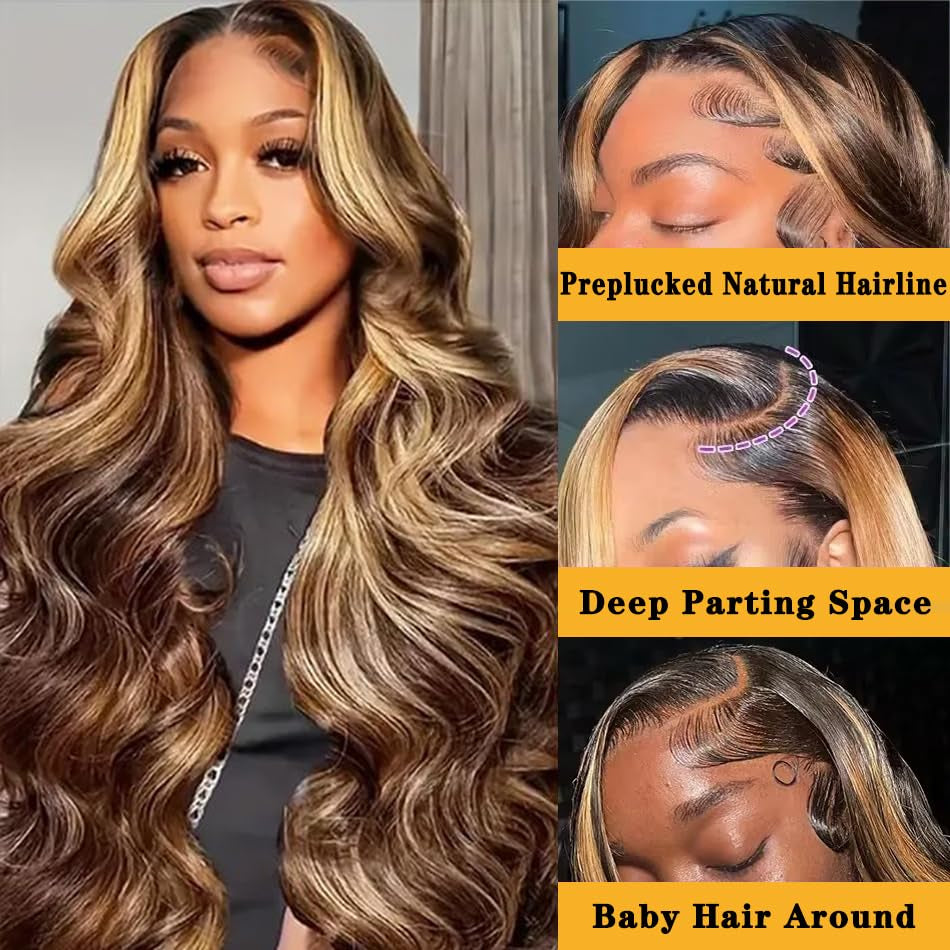 Highlight Ombre Lace Front Wig Human Hair Pre Plucked Body Wave 4/27 Colored Honey Blonde Wigs 13X4 HD Lace Frontal Wigs Human Hair 180 Density Glueless Wigs Human Hair for Women 20 Inch