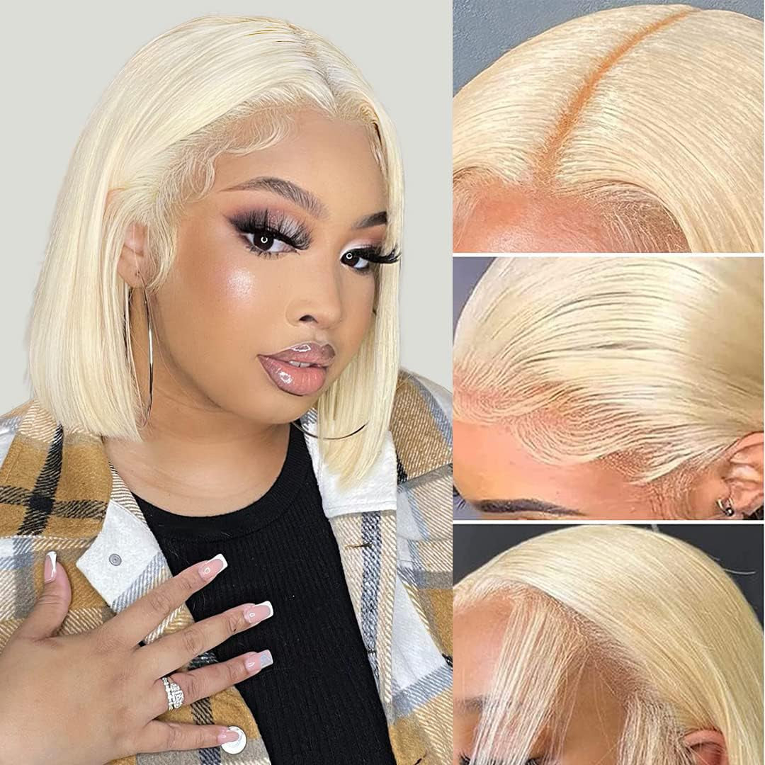 Blonde Bob Wig Human Hair 613 Lace Front Wigs 13X4 HD Lace Frontal Straight Wigs Human Hair Pre Plucked with Baby Hair Short Bob Wigs for Women 180% Density 10 Inch