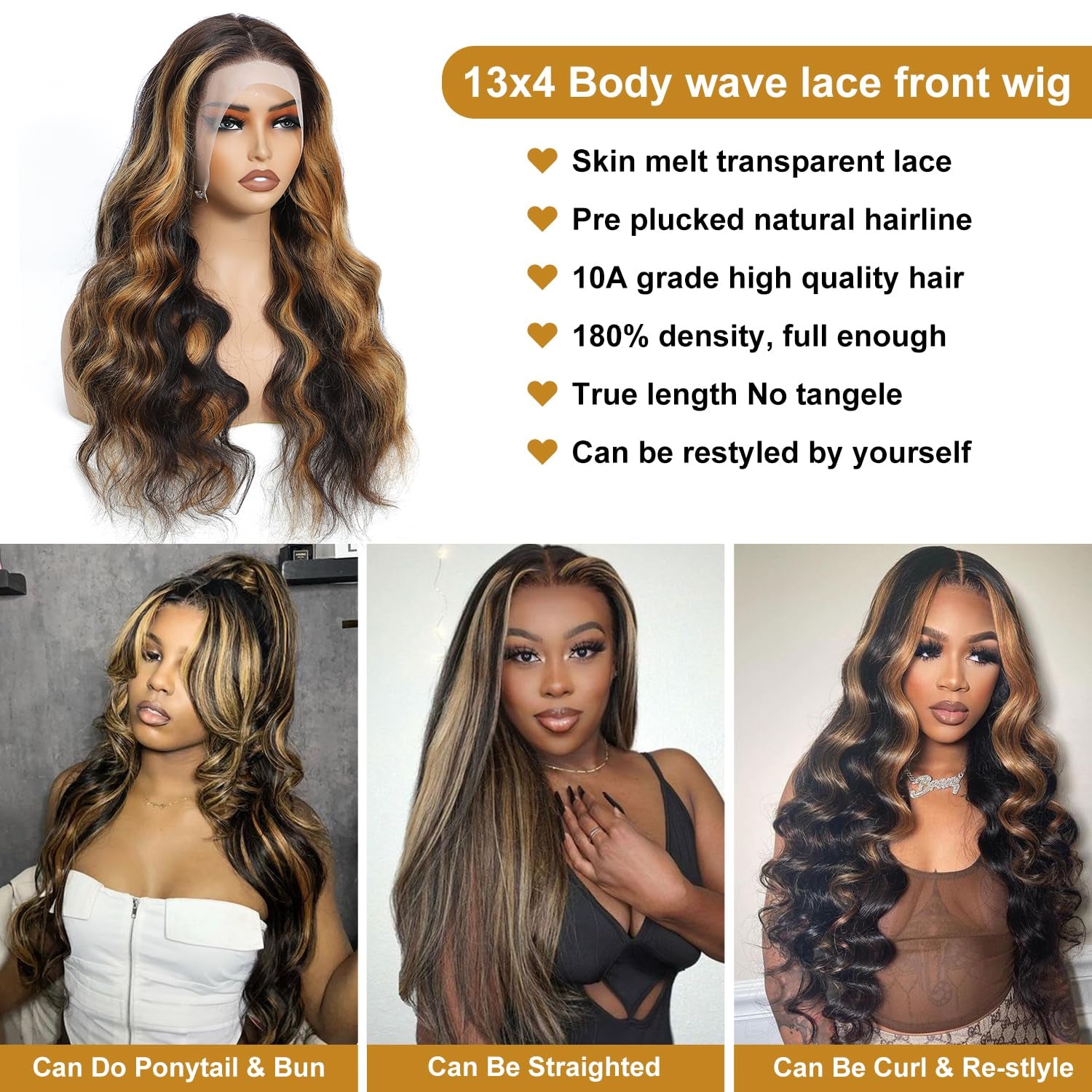 Ombre Highlight Lace Front Wigs Human Hair Colored 1B/30 Black Brown Body Wave Wigs Human Hair 13X4 HD Transparent Lace Human Hair Wig for Women 180% Density 28Inch